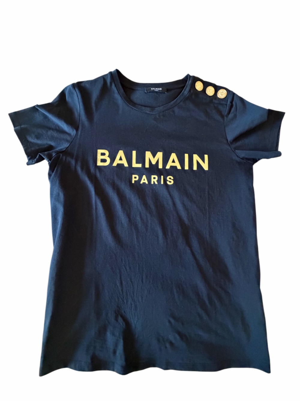 Balmain Women’s Black Tee with Metallic Gold Logo and Branded Shoulder Buttons